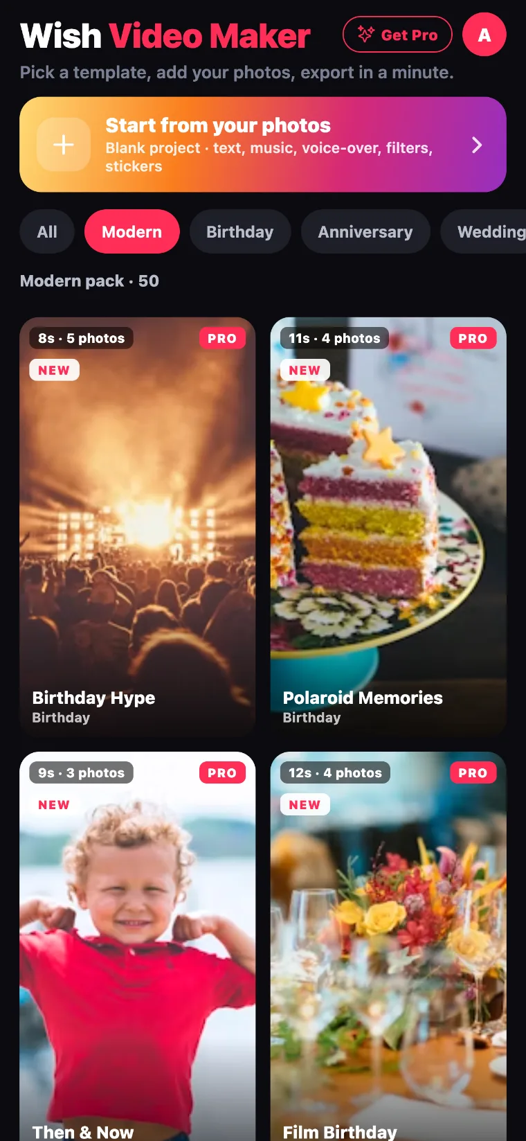 The template picker in Wish Video Maker